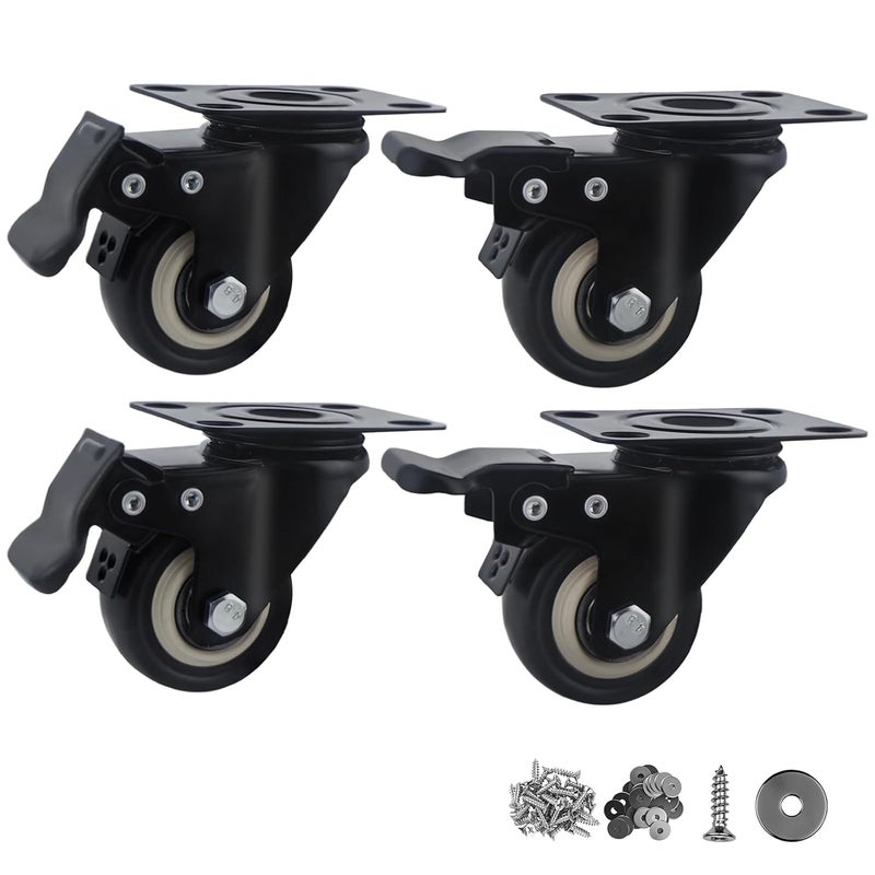 Htudcoue 2 Inch Wheel Casters,Set of 4 Heavy Duty Casters,with Brake,No Noise Locking Polyurethane (PU) Wheels, for Furniture and Workbench Load 800lbs - Image 1